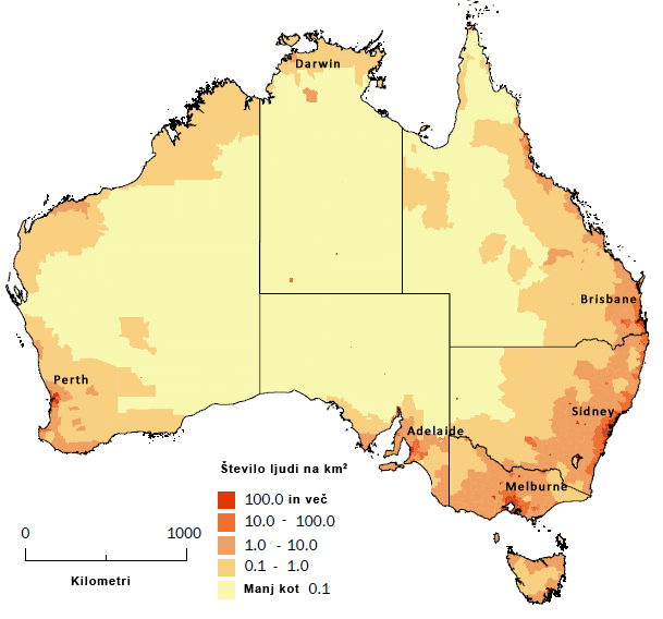 Gostota poselitve Avstralije, leto 2010