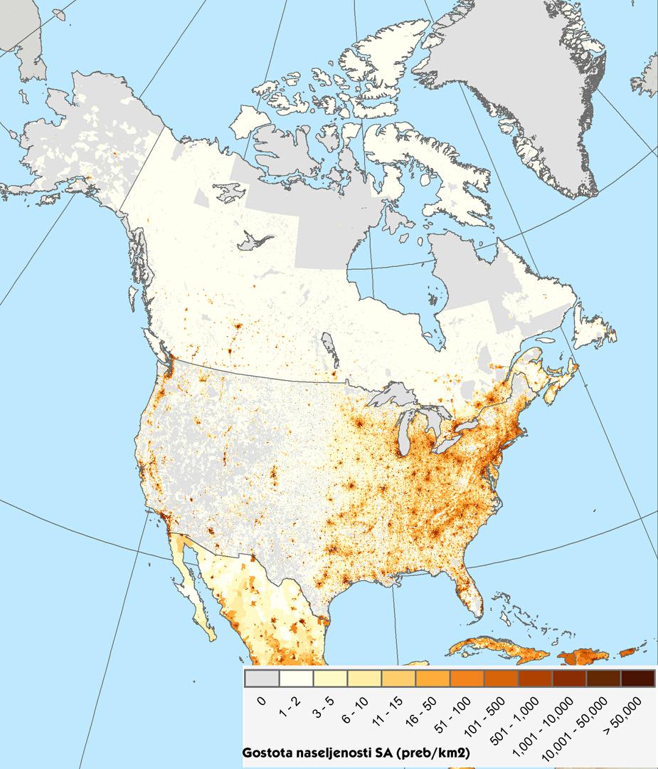 Gostota poselitve Severne Amerike za leto 2010