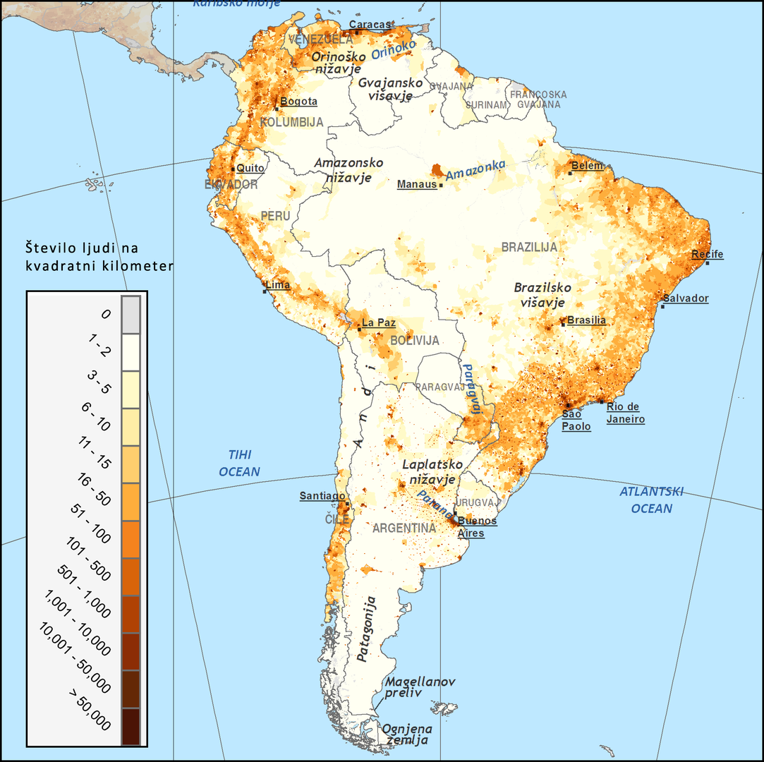 Gostota prebivasltva Južne Amerike